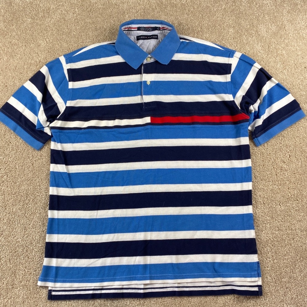 Tommy Hilfiger Men's‎ Striped Polo Shirt Blue White Navy Red Accent Size XL